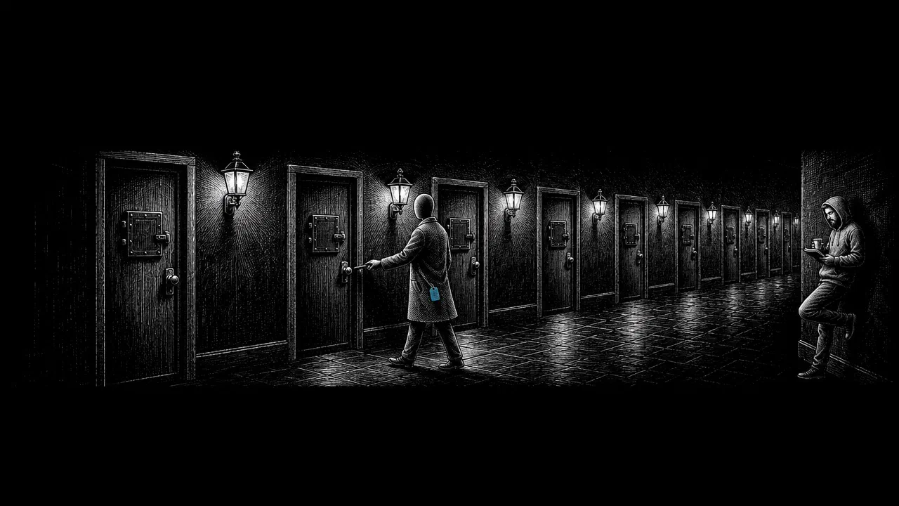 A faceless figure in a plain coat tries the handles of a row of shut doors in a dim corridor while a man in a hoodie watches calmly with a coffee. A small tag on the coat is cyan.