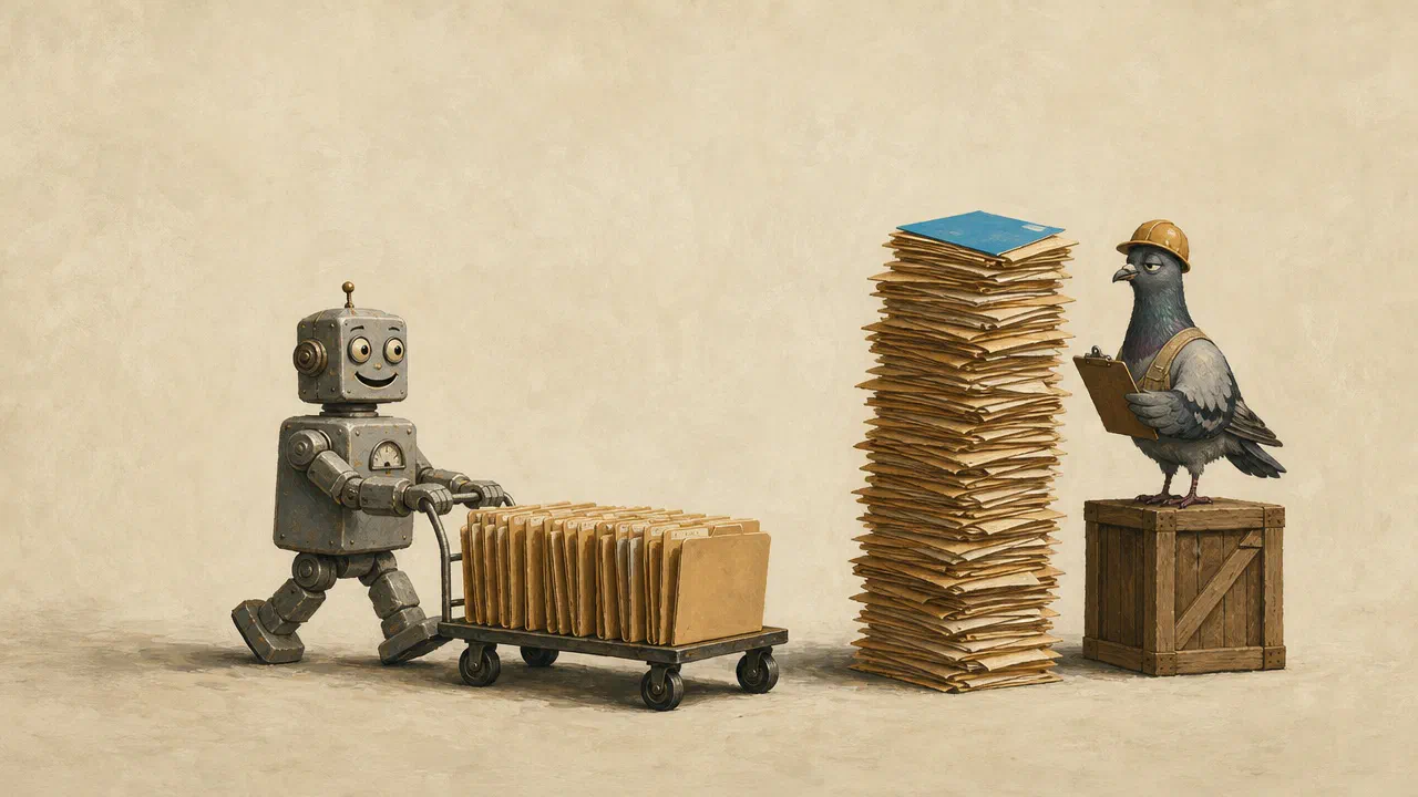 A cheerful old tin robot wheels yet another identical folder toward an enormous leaning stack of them, while a pigeon in a hard hat looks on doubtfully. One folder on top of the pile is cyan.