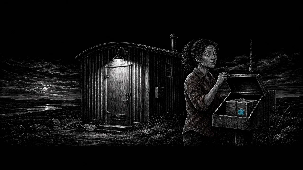 A curly-haired young woman opens a tin hatch beside a lonely shed at night and finds a neatly tied crate inside. The picture is a black-and-white engraving with one small cyan stamp on the crate.