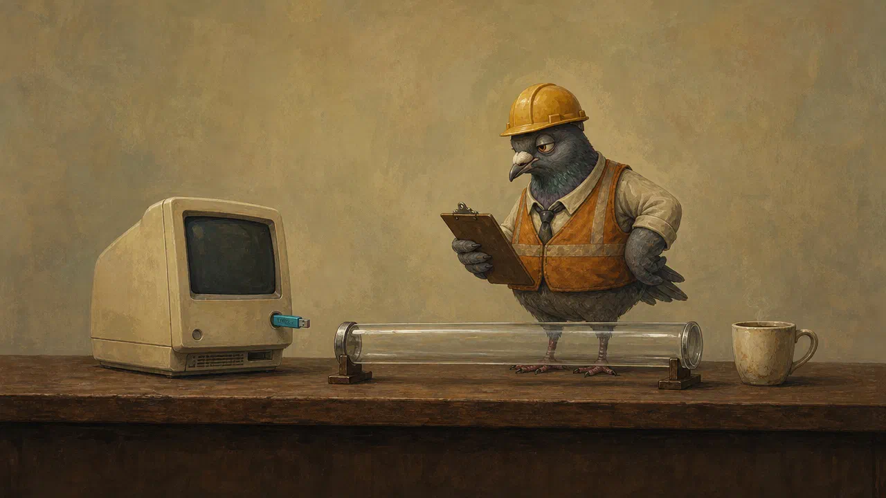 A pigeon in a hard hat stands on a desk beside an old computer and stares at a long glass tube that should be filling but is completely empty. The small USB drive plugged into the computer is cyan.