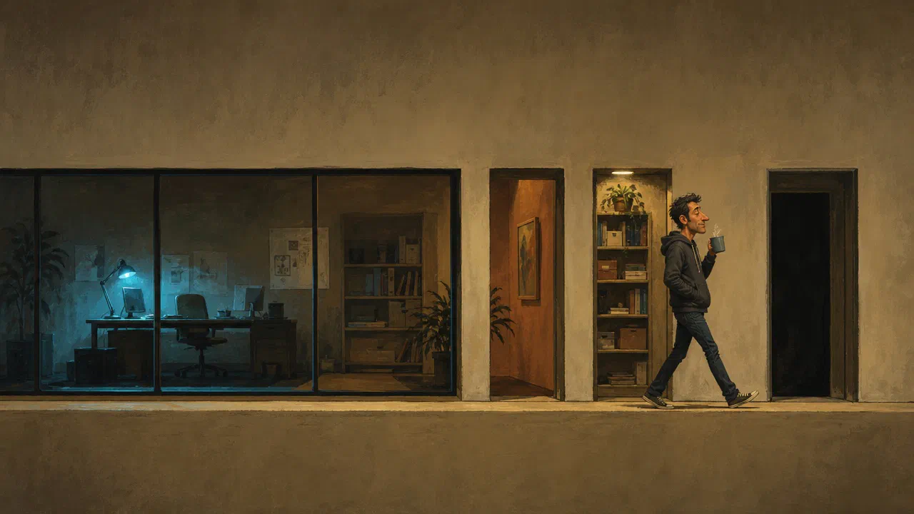 A relaxed developer with a coffee strolls straight through a side room towards an exit door. Behind a glass wall, the real workroom with its glowing cyan lamp sits empty and unvisited.