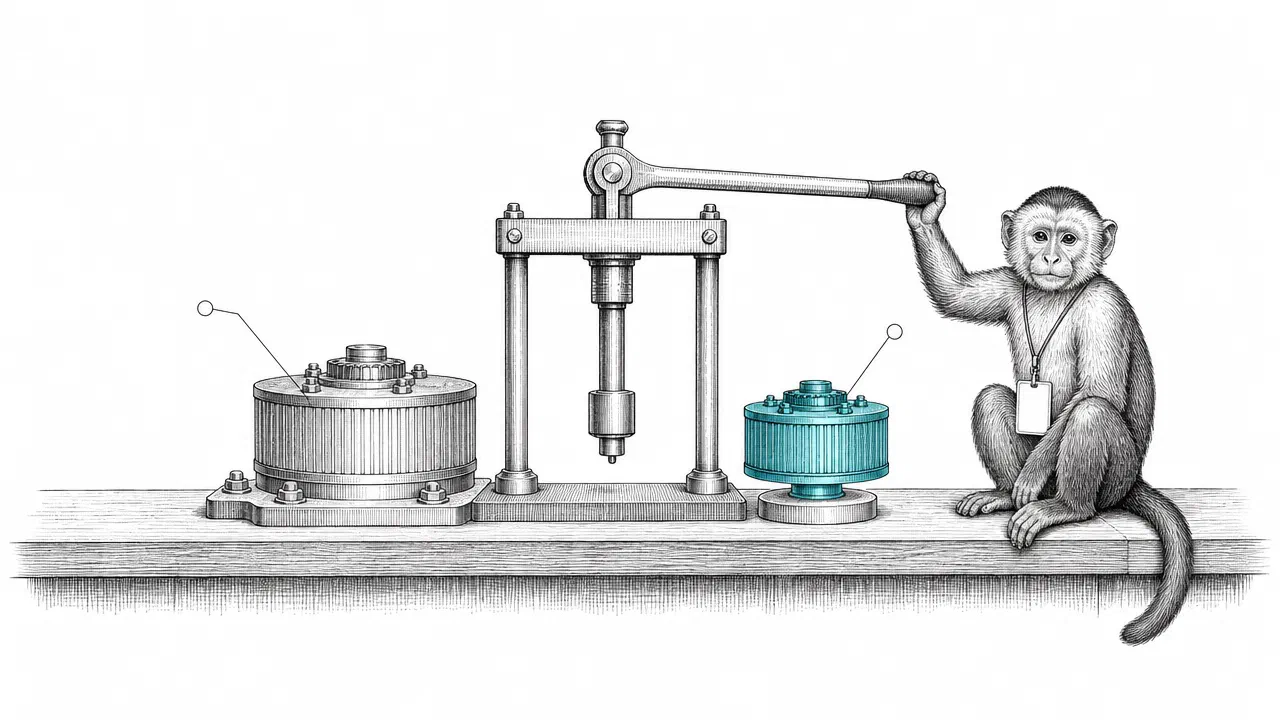 A patent-style drawing of a large plunger over two almost identical drives, with a small monkey in a lanyard resting a hand on the handle. Only the removable drive is cyan.