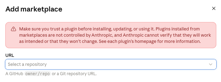 The Add marketplace dialog on claude.ai, with a URL field that takes a GitHub owner/repo or a Git repository URL.