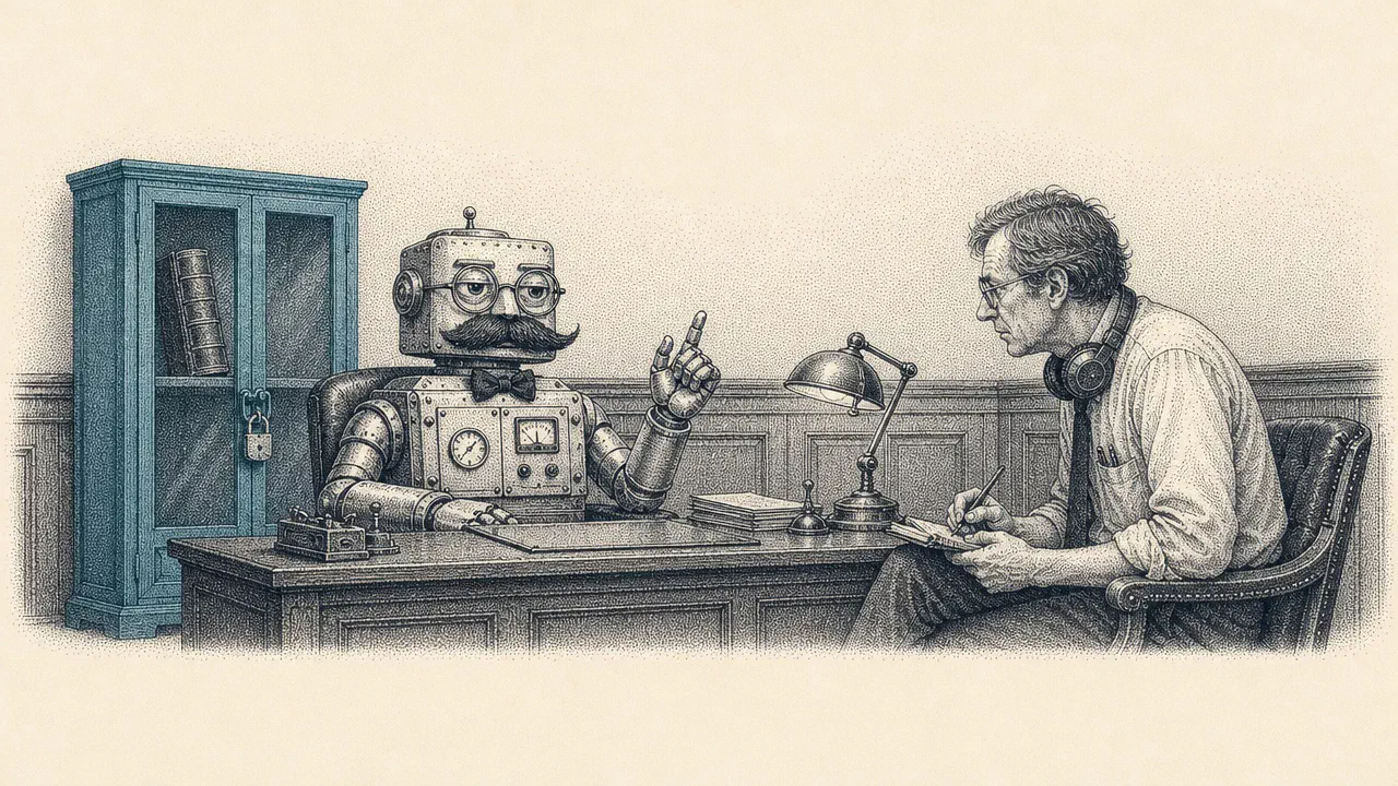 A stipple engraving of a wood-panelled office. A tin robot in a fake moustache and wire spectacles lectures from behind a desk while a weary engineer takes notes. Behind the robot, the manual it should be reading sits in a padlocked cyan cabinet.