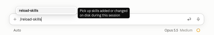 The prompt box of a cloud session with /reload-skills typed and its description: pick up skills added or changed on disk during this session.
