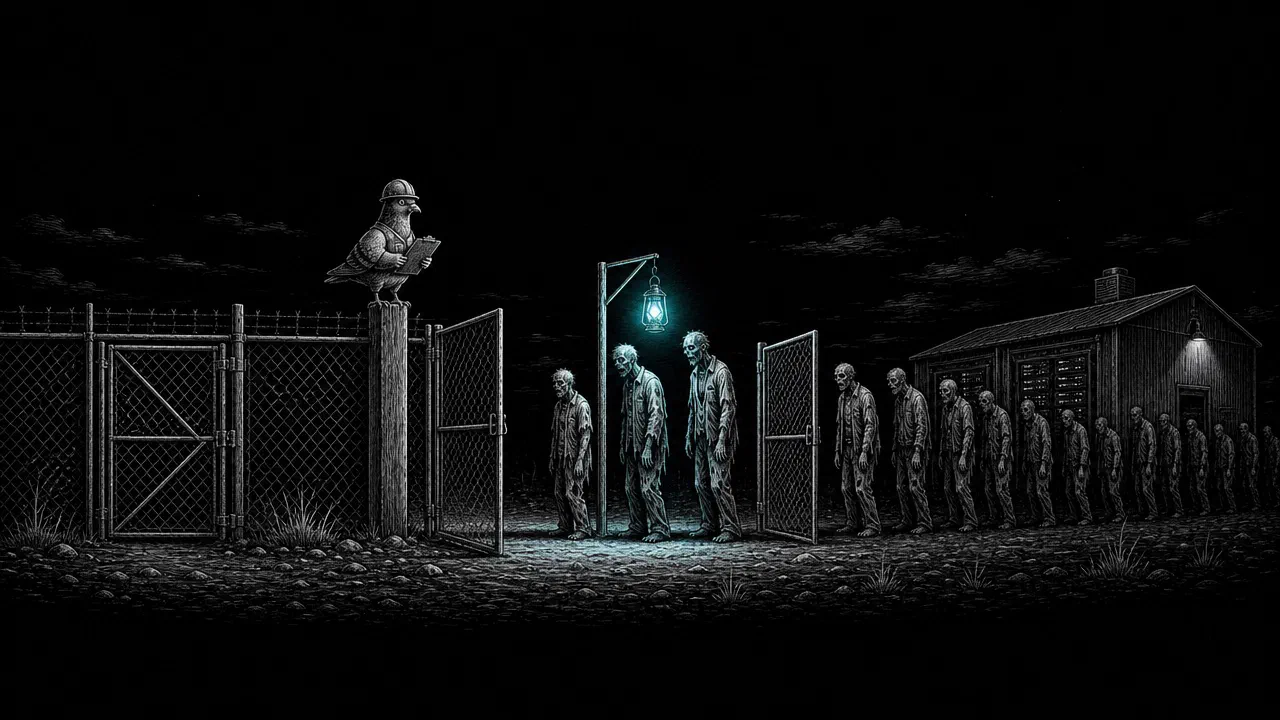 A pigeon in a hard hat inspects three gates in a fence at night while a queue of shambling zombies waits on the far side. One lantern over an open gate is cyan.