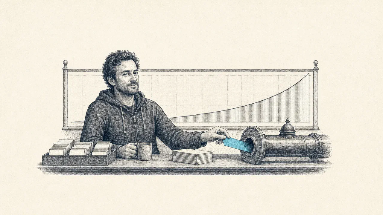 A stipple engraving of a relaxed man in a hoodie dropping a slip of paper into a brass tube, with a ledger chart on the wall behind him. The slip is cyan.