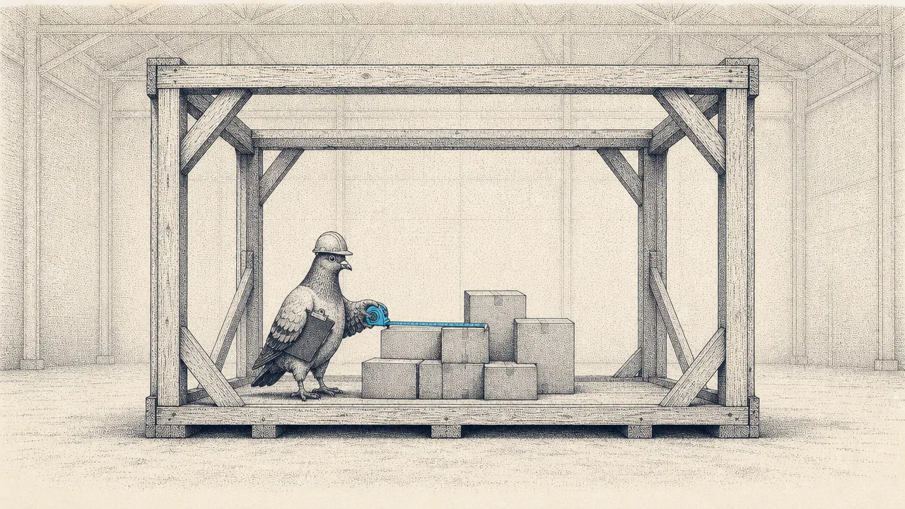 A pigeon in a hard hat, clipboard under one wing, measures a modest stack of parcels with a cyan tape measure, standing inside an enormous and almost empty timber crate frame.