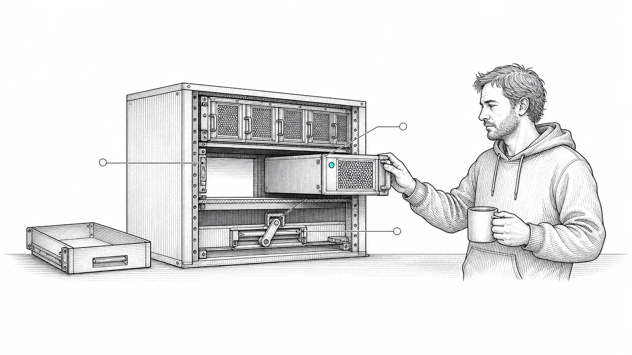 A patent-style drawing of a server cabinet with one empty bay, into which a relaxed man in a hoodie slides a new module. A small lamp on the module is the only cyan element.