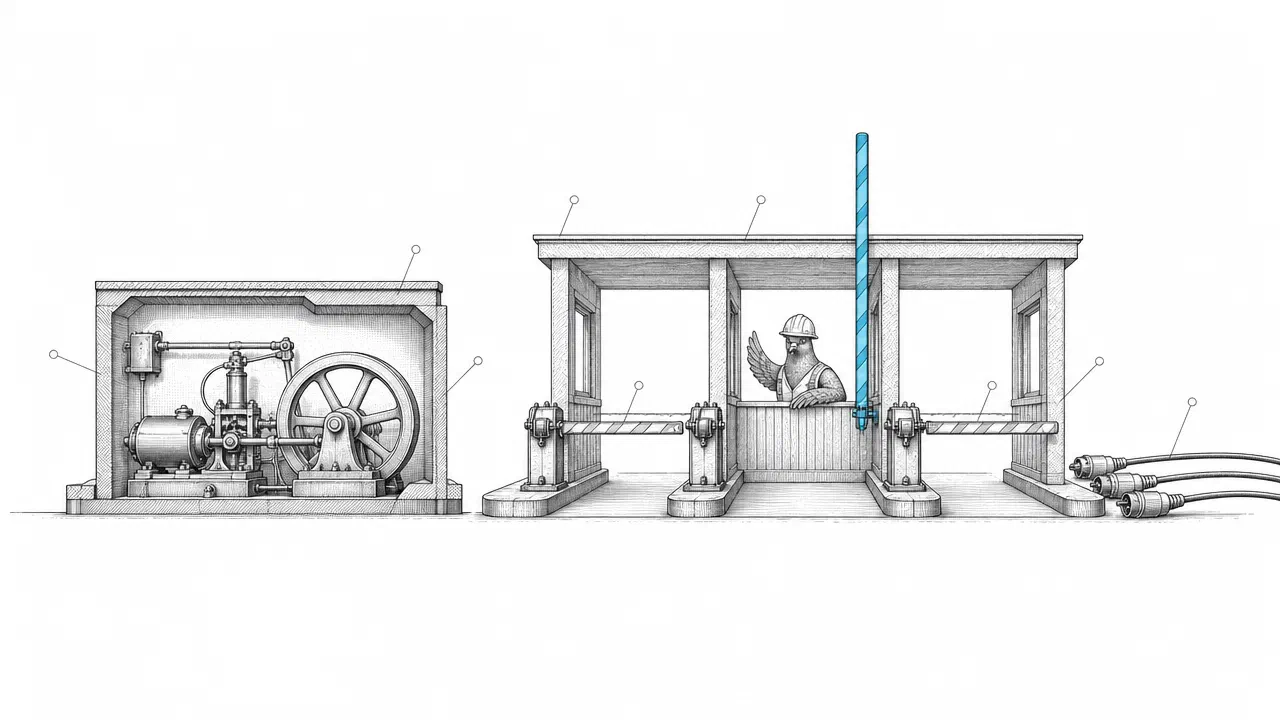 A patent-style drawing of an idle machine beside a three-lane gate where only one barrier is raised, watched by a pigeon in a hard hat. The raised barrier is cyan.