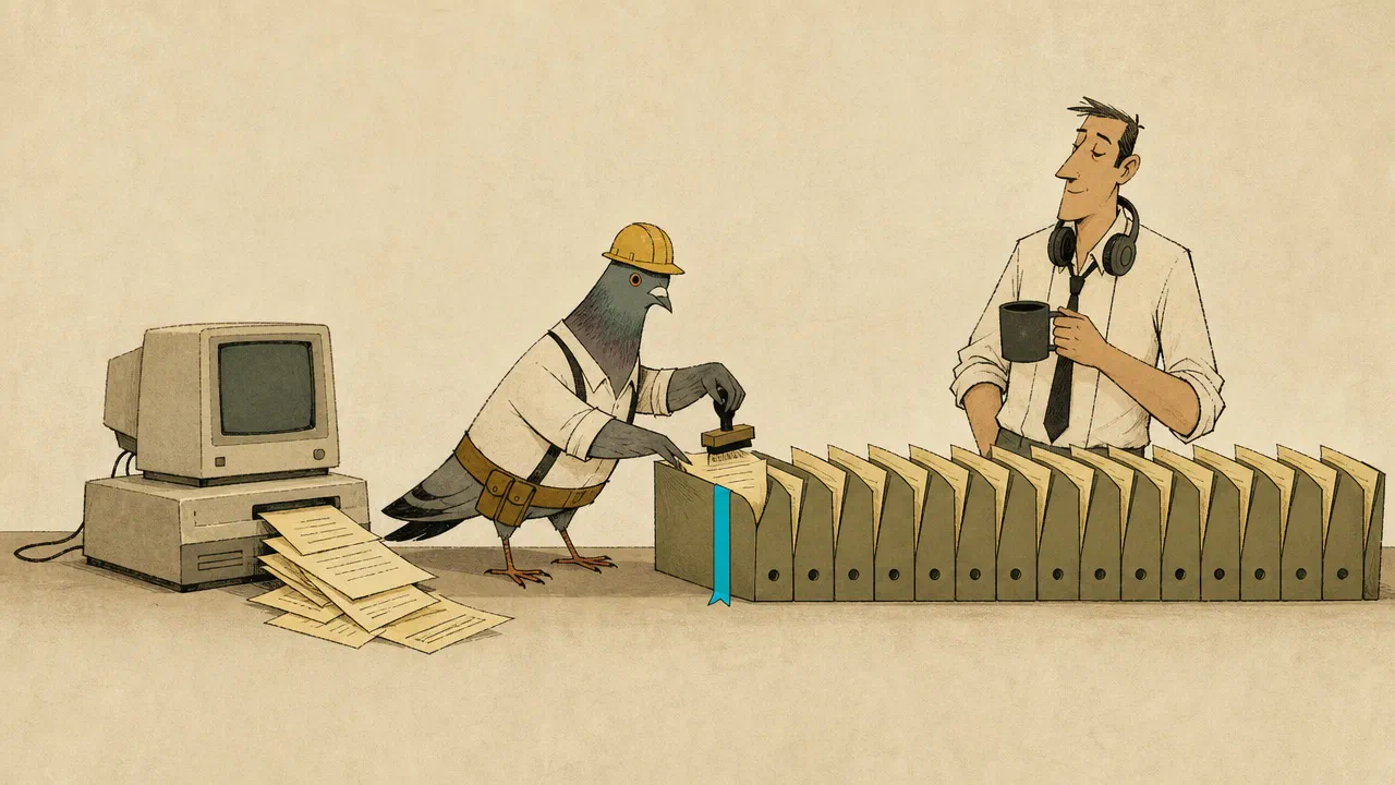 A hard-hat pigeon stamps old sheets of paper and files each into its own slim folder in a long row, while a man with headphones watches. One folder has a cyan ribbon bookmark.