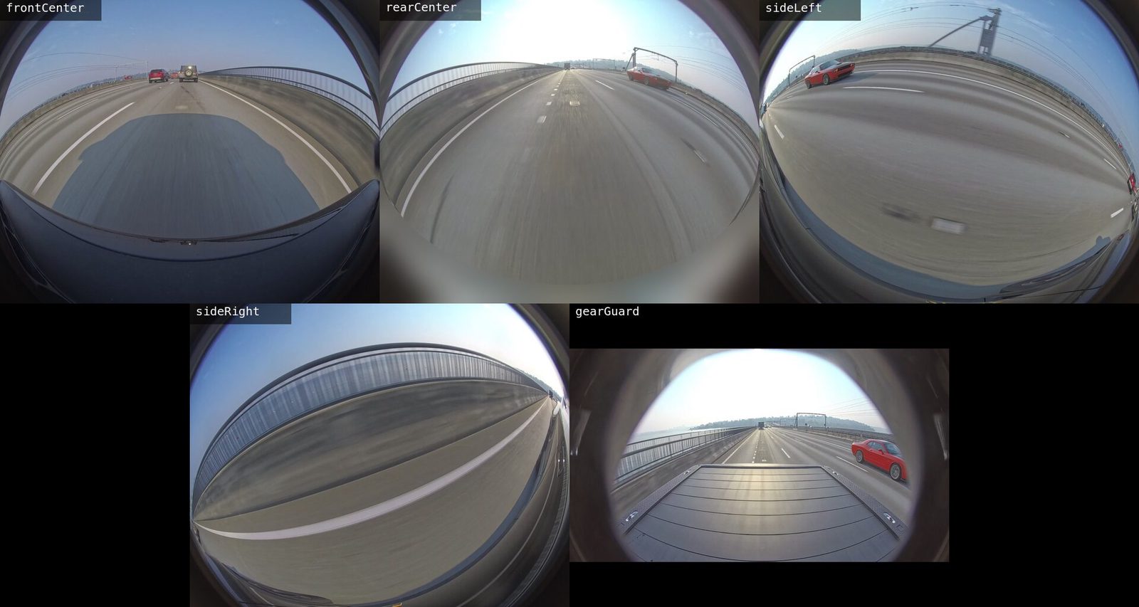 One second on the I-90 floating bridge from all five cameras of a synced cut: frontCenter over the hood, rearCenter down the lanes behind, sideLeft and sideRight across the deck, and gearGuard over the truck bed. A red car passing behind appears in the rearCenter, sideLeft and gearGuard tiles at the same instant.