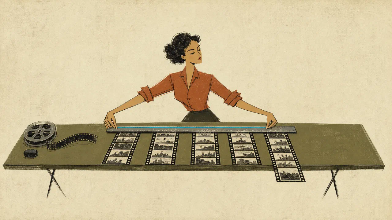A curly-haired young woman lays a ruler across five filmstrips on a workbench. Four line up and one runs out further than the rest; a thin cyan line marks the ruler's edge.