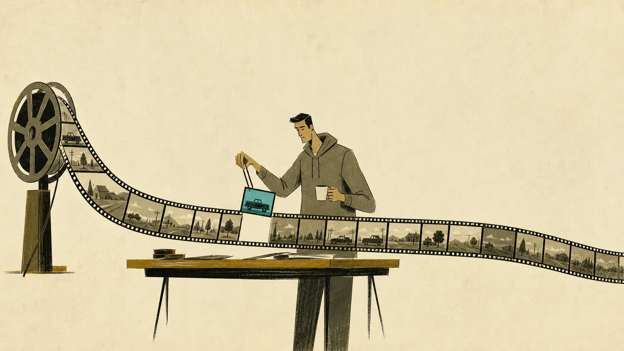 A man in a hoodie holding coffee uses tweezers to pick one cyan frame from a very long filmstrip, leaving the other frames untouched.