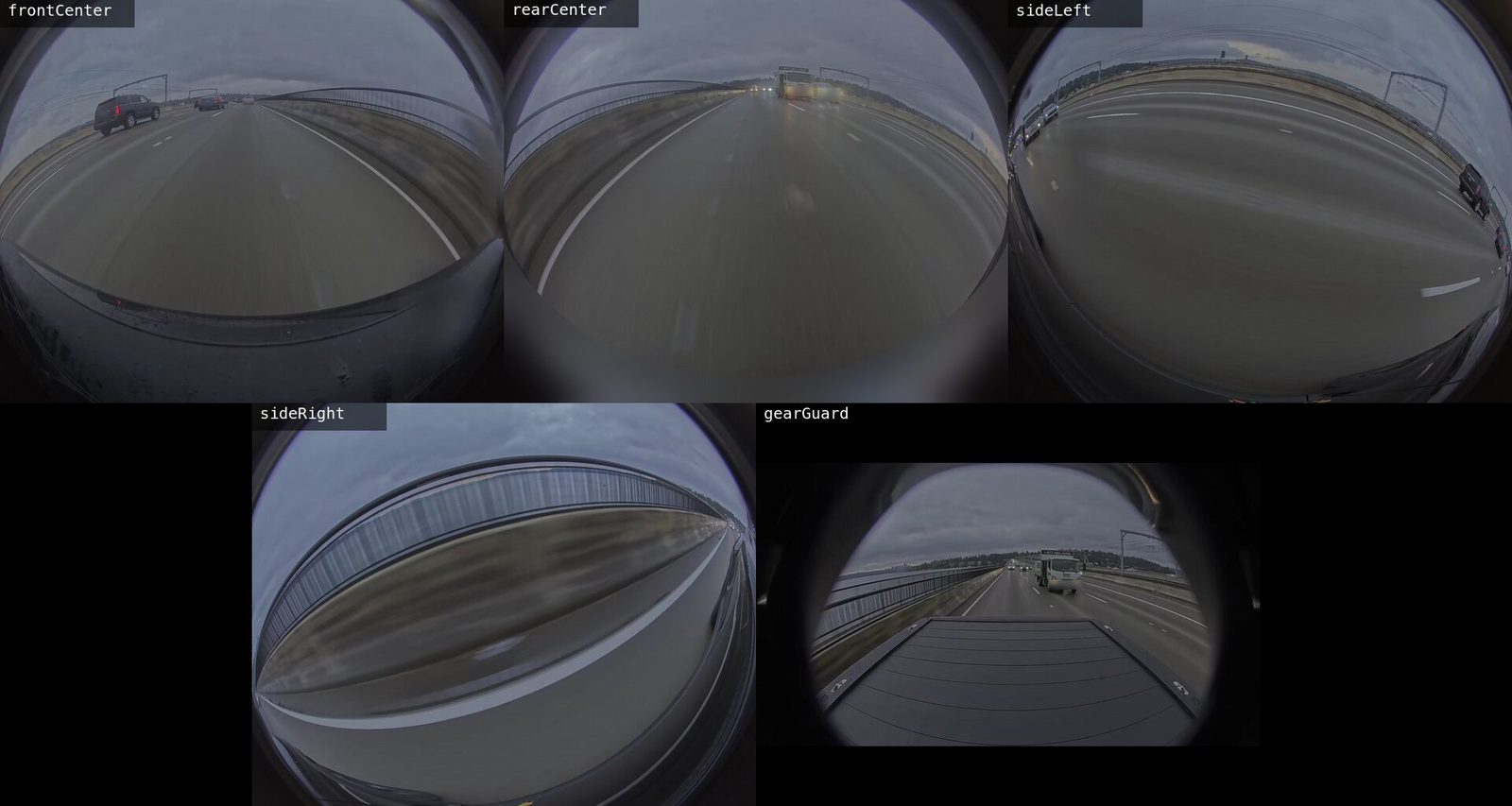 Frame 1,970 of each of the five 30× hyperlapse files of one drive. Every tile shows the same instant on the floating bridge: a box truck and a pickup behind the truck appear in both the rearCenter and gearGuard tiles, and the SUV passing on the left appears in frontCenter.