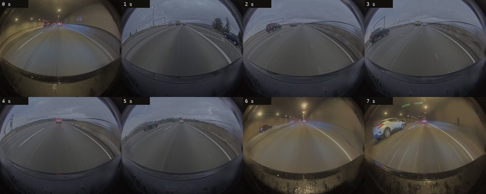 Eight front-camera frames from a 30× hyperlapse, one per second of output. Each step covers 30 seconds of driving. The frames show the I-90 floating bridge under an overcast sky, the orange light of the Mount Baker tunnel, and the Mercer Island lid.