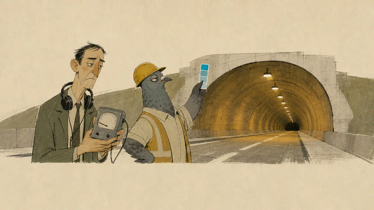 A tired man with headphones holds a grey light meter in front of a tunnel lined with orange lamps, while a hard-hat pigeon holds up a small cyan colour swatch beside him.