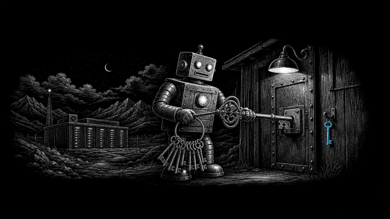 A boxy tin robot forces an oversized key into the small lock of a shed door at night, ignoring the plain little cyan key hanging on a hook beside it.