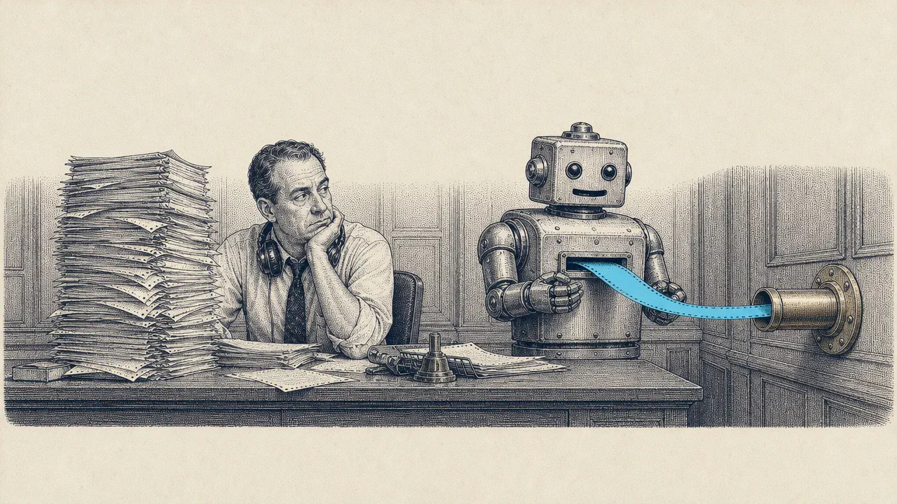 A weary engineer sits beside a tall stack of printed bulletins while a tin office robot feeds a single cyan ticker tape into a pneumatic tube on the wall.