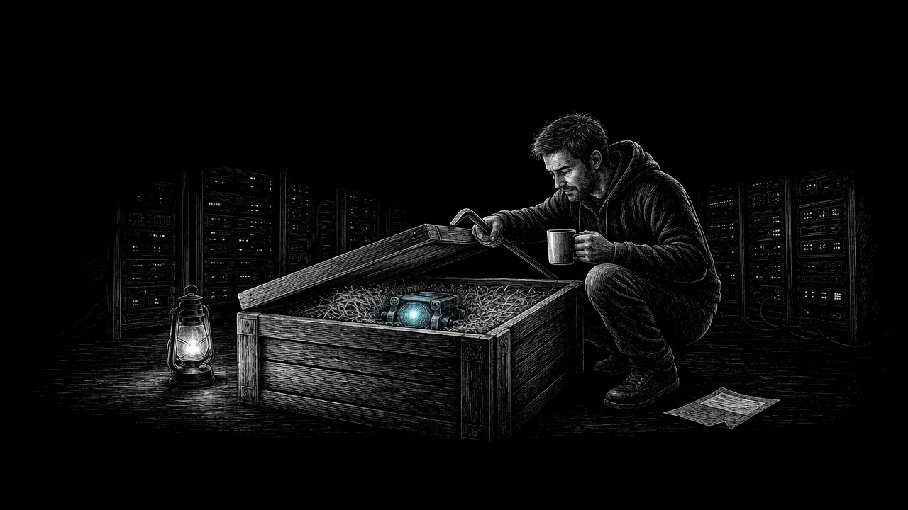 A relaxed man in a hoodie holding a coffee prises open a delivery crate in a dim shed instead of trusting the paperwork on the floor. Inside the straw is a small cyan glowing core.
