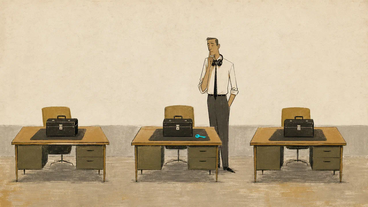 A tired man with headphones stands with a finger to his lips between three desks, each with an identical small toolbox newly delivered, and a cyan key on the middle desk.