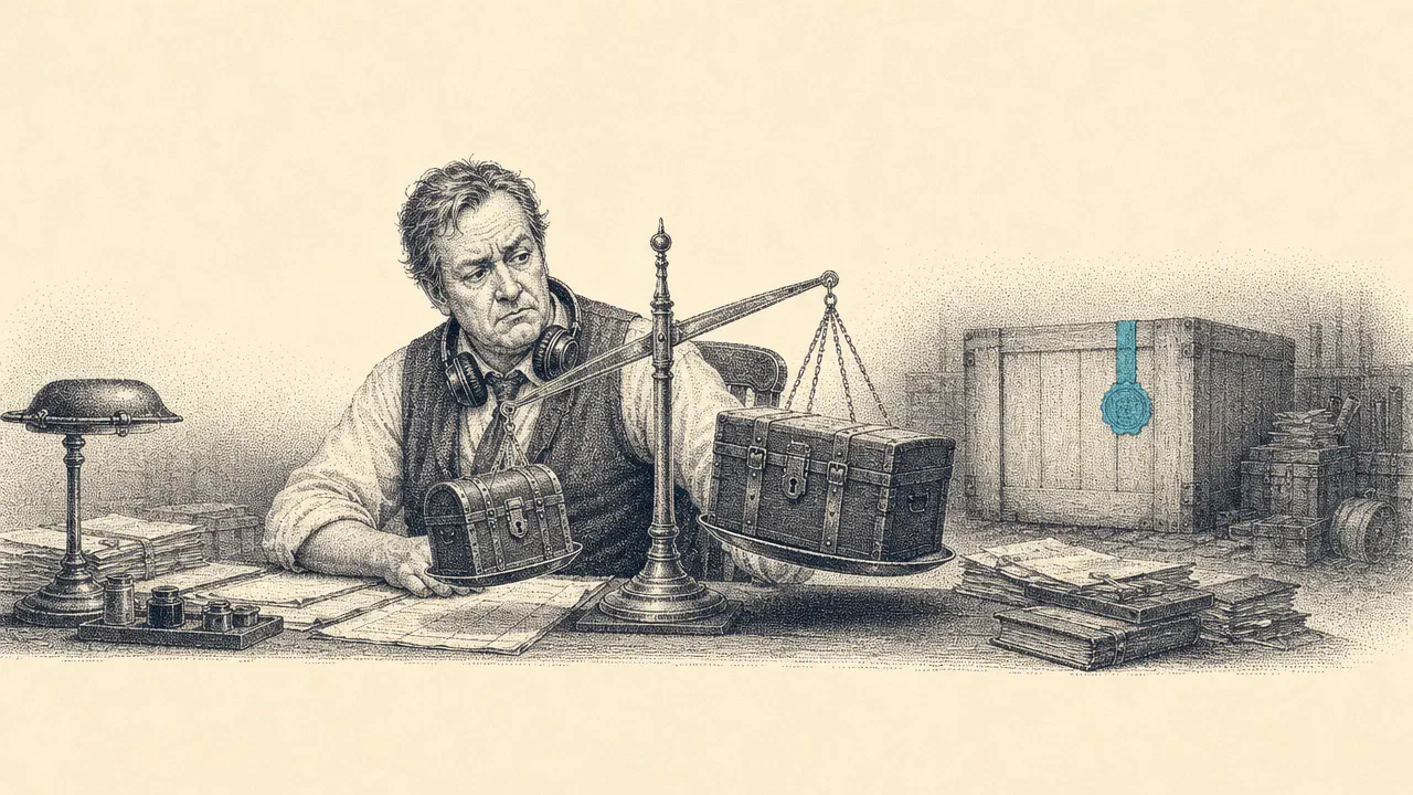 A stipple engraving of a tired man with headphones round his neck weighing strongboxes on a brass scale, while a far larger crate with a cyan seal waits unnoticed behind him.