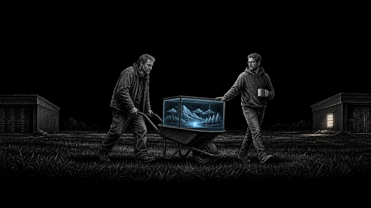 Two men carry a glass case holding a tiny glowing landscape across a dark field in a wheelbarrow, from a dark shed toward a lit one. The tiny landscape is cyan.