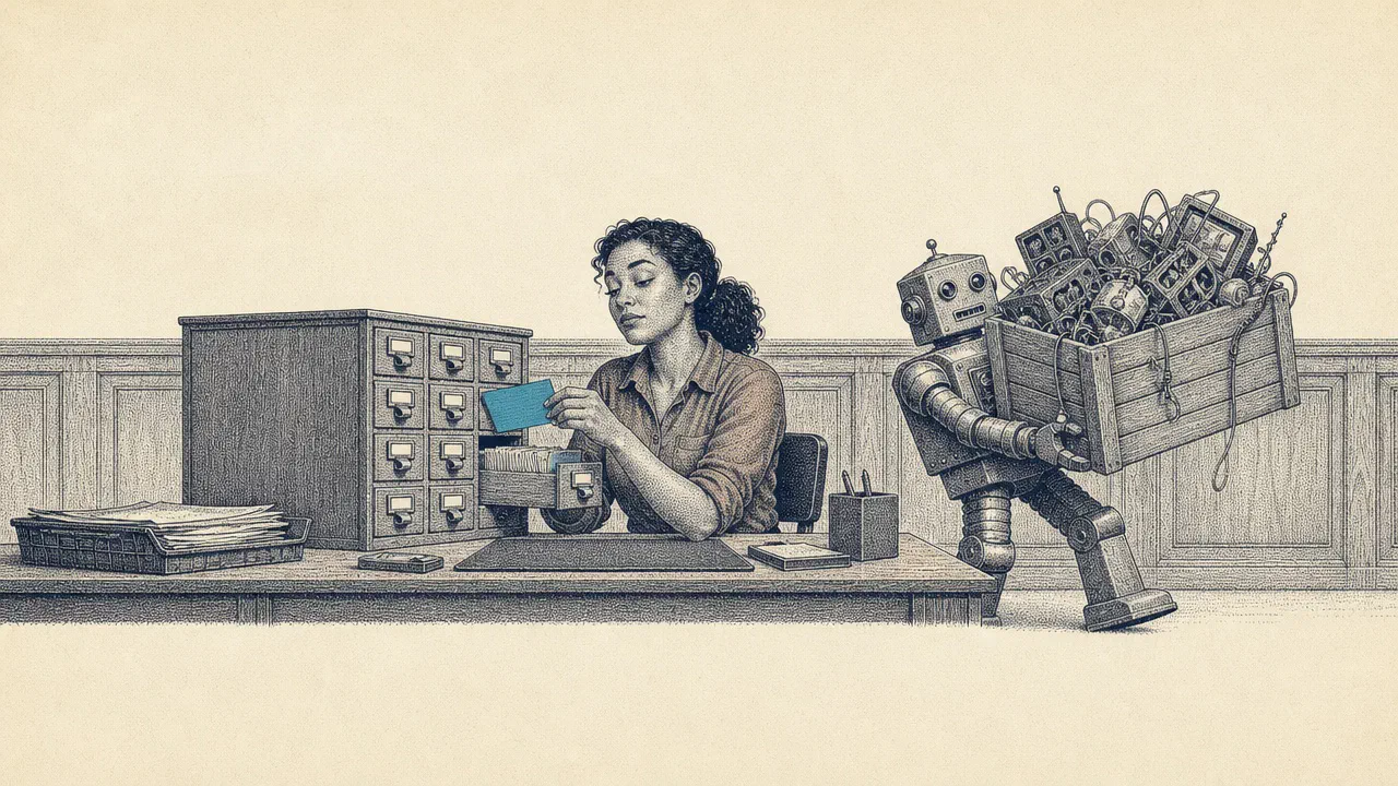 A sysadmin calmly pulls one cyan index card from a card-catalogue drawer while a tin office robot staggers past with a crate of tangled machinery she does not need.