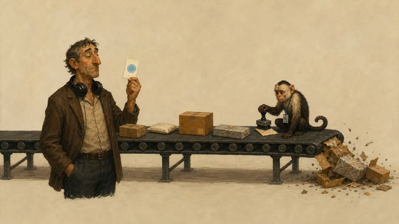 A tired man in headphones happily holds up a stamped approval slip while a small monkey with an ID badge keeps stamping. Behind them, parcels slide off the belt end and burst on the floor.