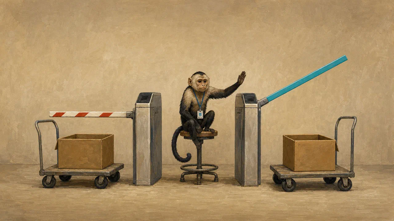 A small monkey with an ID badge sits between two identical gates with one empty box. At one gate the barrier stays down, at the other it is open and cyan, and he waves the box through.