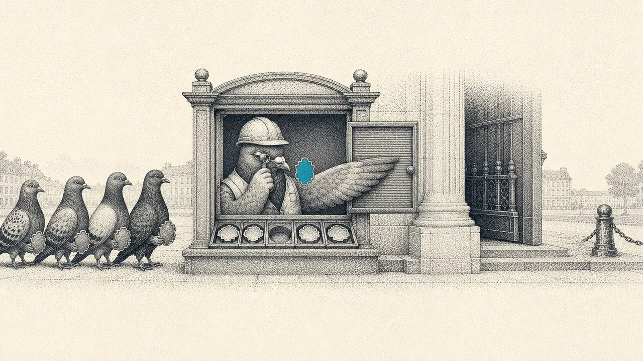 A stipple engraving of a pigeon in a hard hat inspecting a brass token through a loupe at a gatehouse and refusing it. The refused token is cyan.