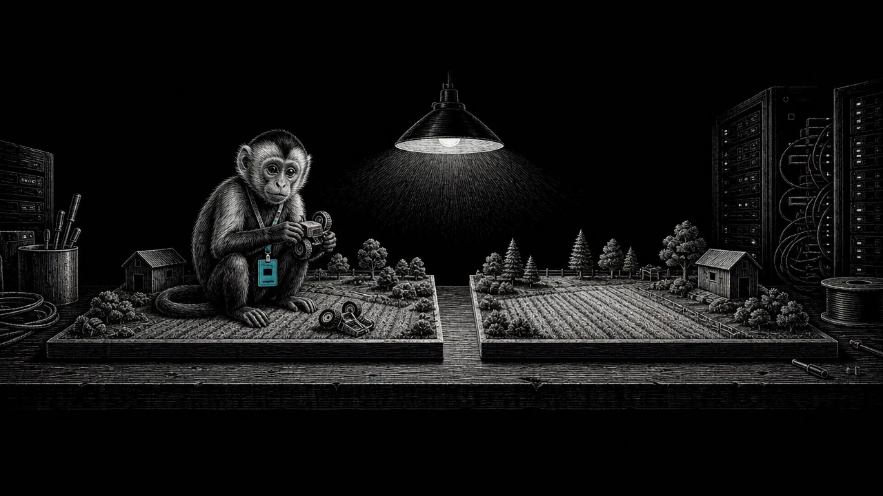 On a workbench under a lamp, two miniature landscapes sit side by side, one clean and one with a stray toy tractor left in it. A small monkey with a cyan ID badge sits holding the tractor.