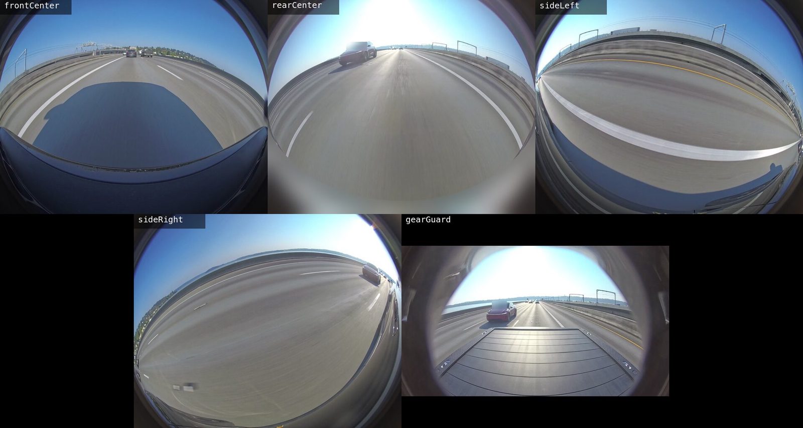 The same moment on the floating bridge after the stitch. All five tiles are filled: the rear tile shows the car following behind, which the Gear Guard tile also shows over the truck bed, and the side-left tile shows the bridge deck and railing.