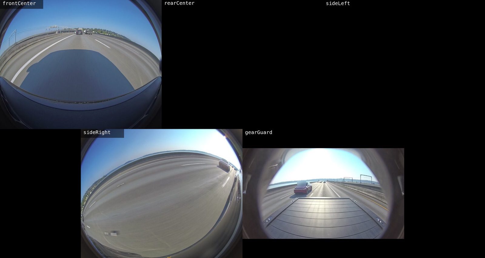 A five-camera grid on the I-90 floating bridge built from the original folder alone. The front, side-right and Gear Guard tiles show the bridge; the rear and side-left tiles are solid black.