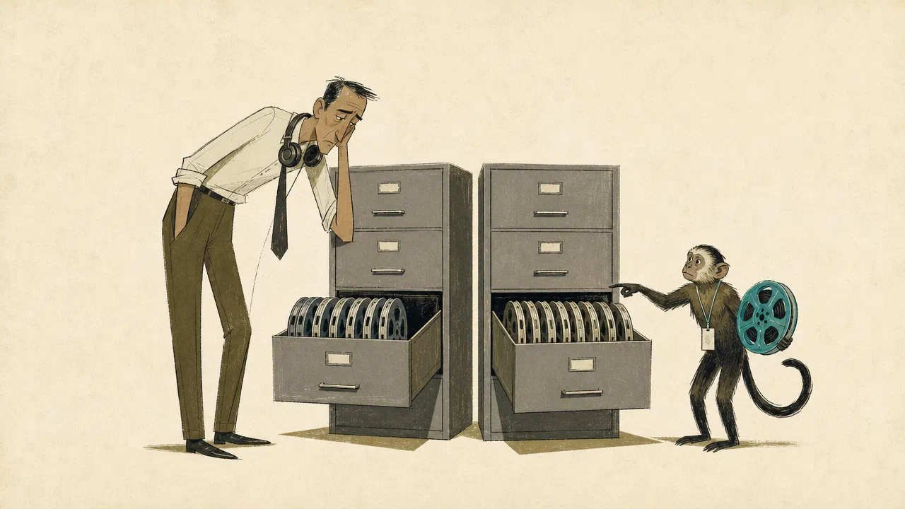 A tired man with headphones stares into a filing drawer with one empty slot while a small monkey in a lanyard holds up the missing film reel, which is cyan, beside the next drawer.