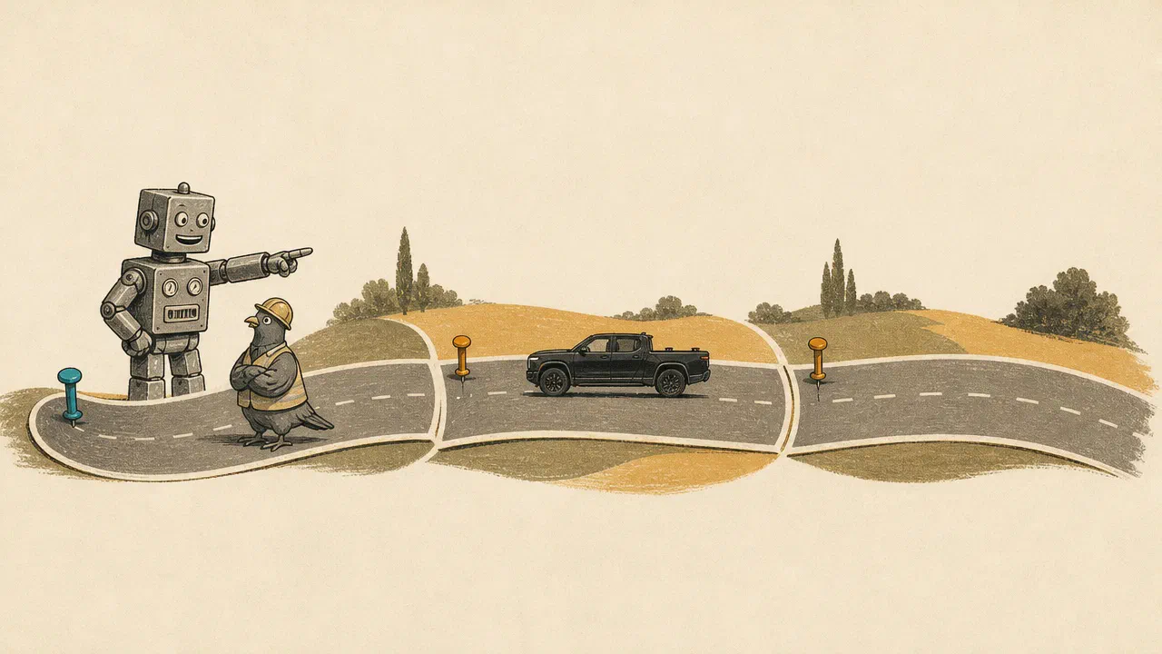 A tin robot proudly points along a ribbon of road divided into film segments, with one pin at the start of each segment, while a hard-hat pigeon looks on sceptically. The first pin is cyan.