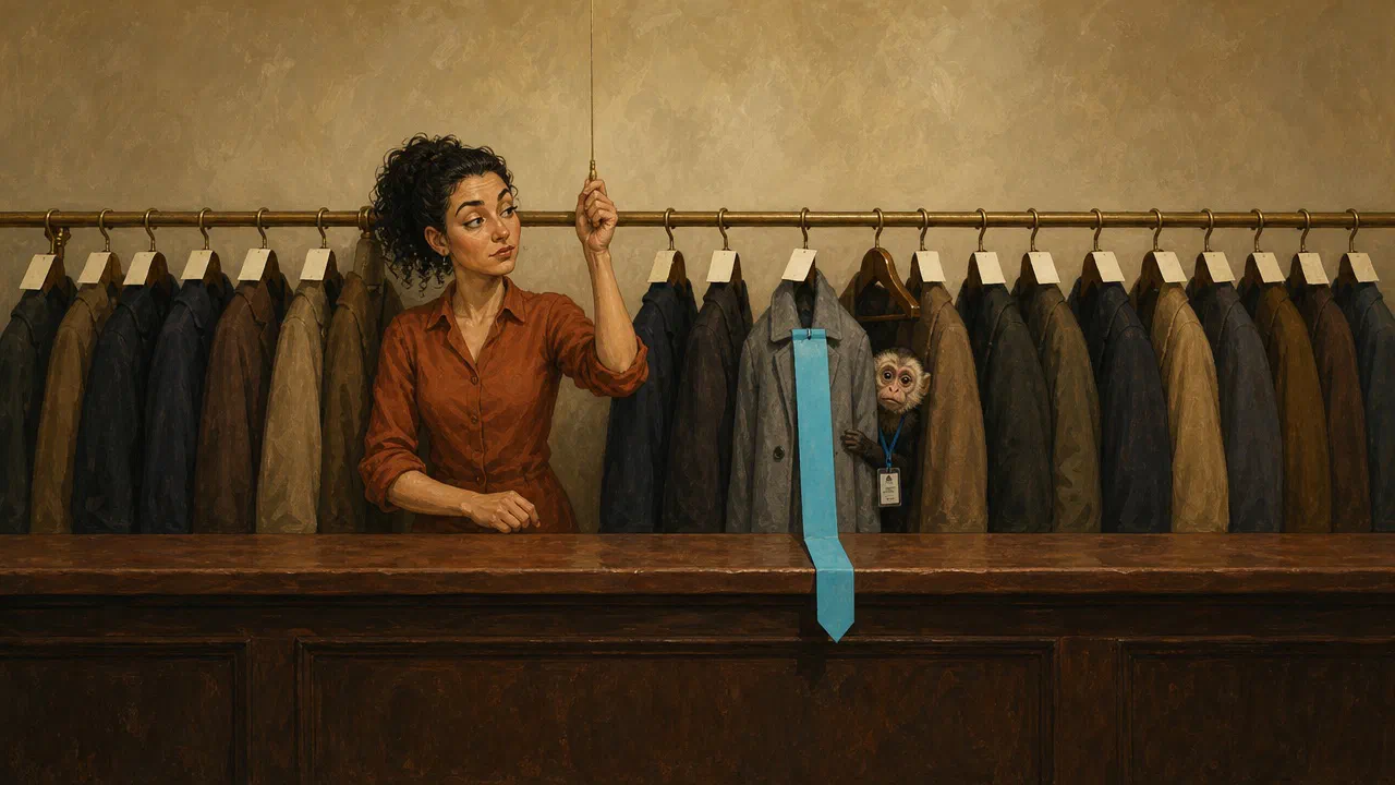 At a cloakroom counter a young woman pulls a cord that flips open the tag on every coat. One plain grey coat's tag unrolls far longer than the rest, down over the counter, while a small monkey with an ID badge peers out from behind it. The long tag is cyan.
