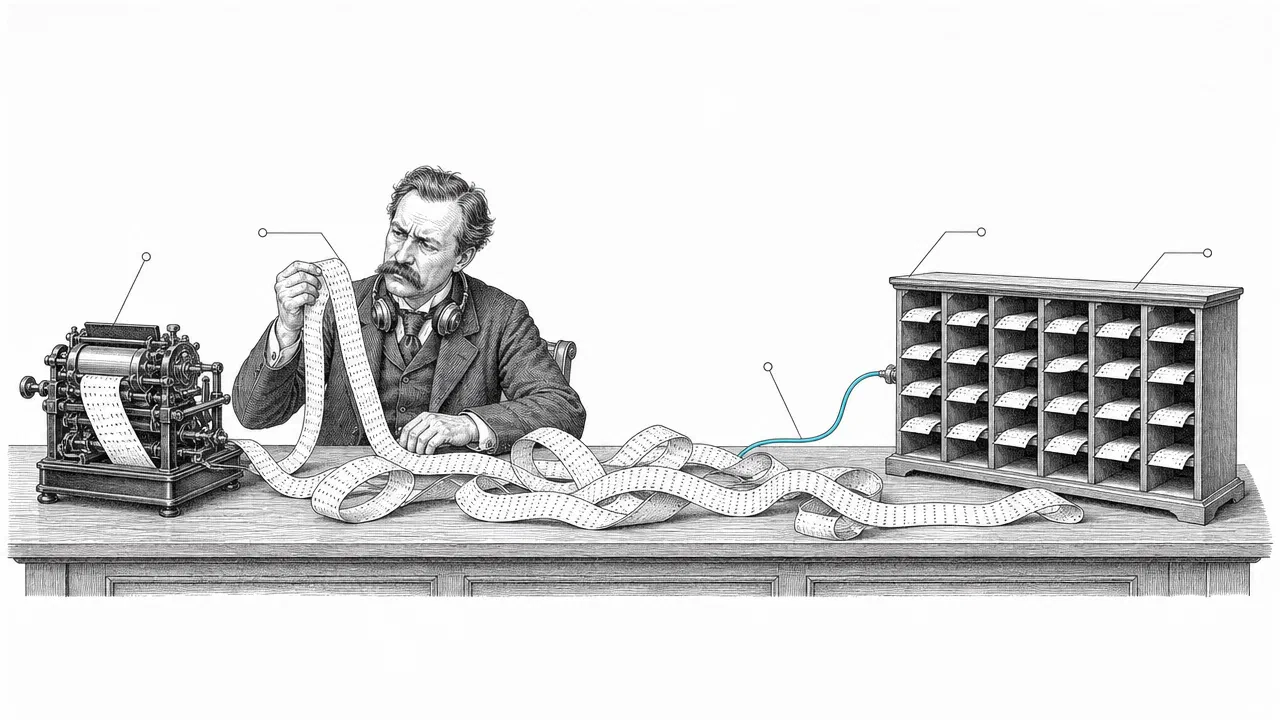 A patent-style drawing of a tired man with headphones round his neck squinting at a tangled strip of tape beside a tidy rack of pigeonholes holding the same information. The cord linking the rack is cyan.