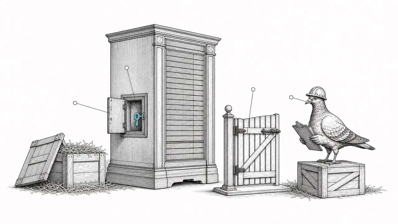A pigeon in a hard hat with a clipboard eyes a latched garden gate standing in front of a newly fitted hatch in a tall cabinet, whose lock holds a cyan key.