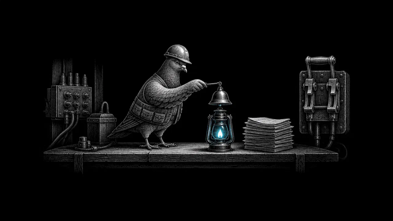 A pigeon in a hard hat carefully lowers a snuffer over a lantern with a cyan flame, beside a neat stack of papers, while a big power switch on the wall is left alone.