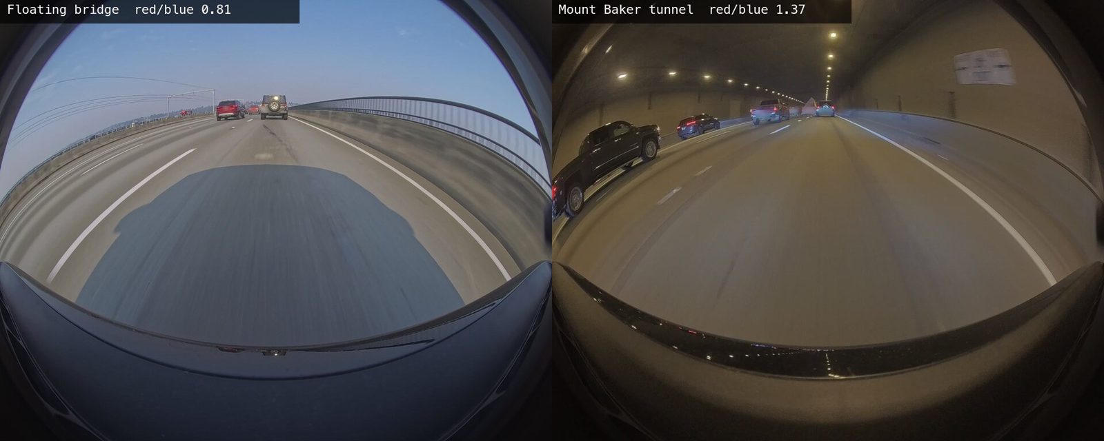Two front-camera frames side by side. On the floating bridge in daylight the picture is blue-gray, with a red/blue ratio of 0.81. Inside the Mount Baker tunnel it is orange-brown under the sodium lamps, with a ratio of 1.37, and the road and cars are still well exposed.