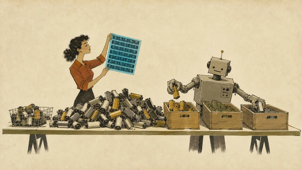 A tin robot sorts piles of film canisters into crates while a curly-haired young woman holds a cyan contact sheet of small frames up to the light, checking it.