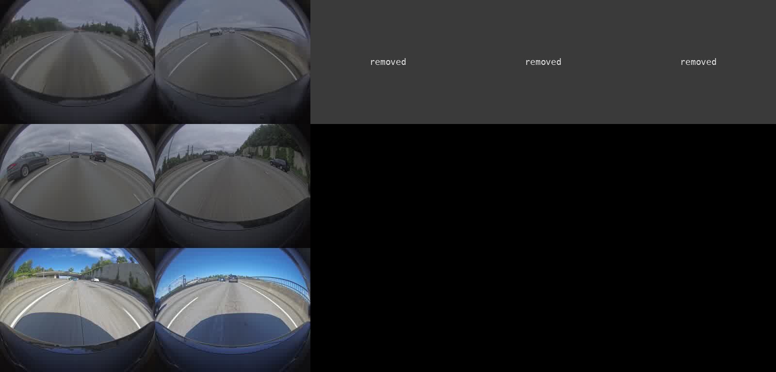 Three rows of a review contact sheet, one drive per row, each tile a frame from the bridge side of one tunnel candidate. Each row has a floating-bridge tile among freeway tiles, so the right pick stands out at a glance. The first row’s last three tiles are replaced by gray blocks.