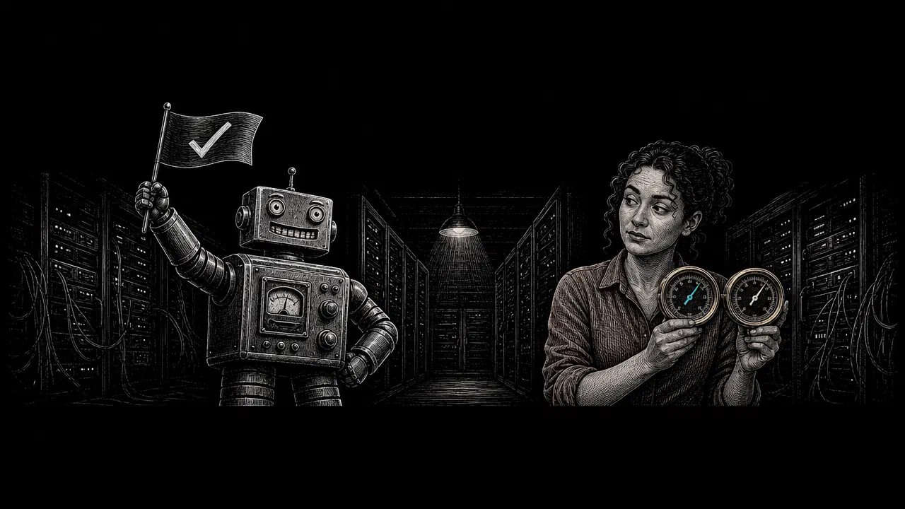 A cheerful tin robot waves a tick flag while a curly-haired young woman holds up two identical dials whose needles have not moved, raising an eyebrow at it. One needle is cyan.