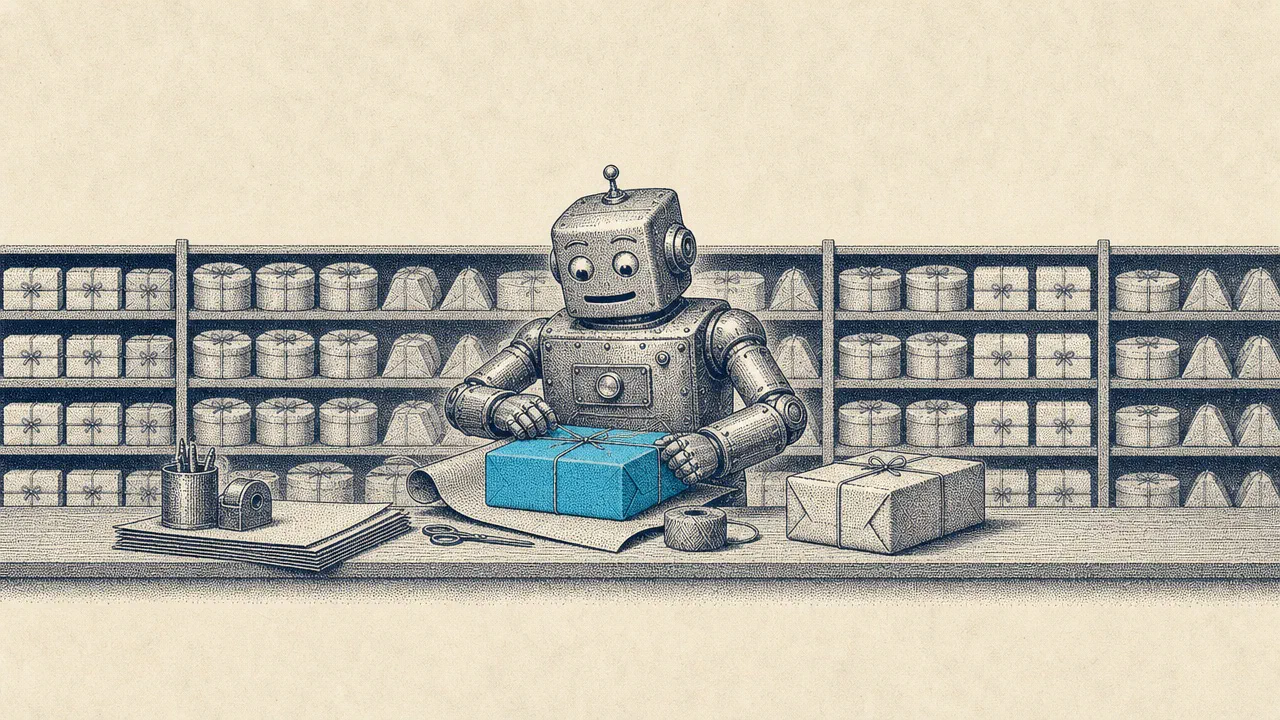 A stipple engraving of a tin office robot proudly wrapping one more identical parcel in front of an archive shelf crammed with hundreds of copies. The parcel in his hands is cyan.