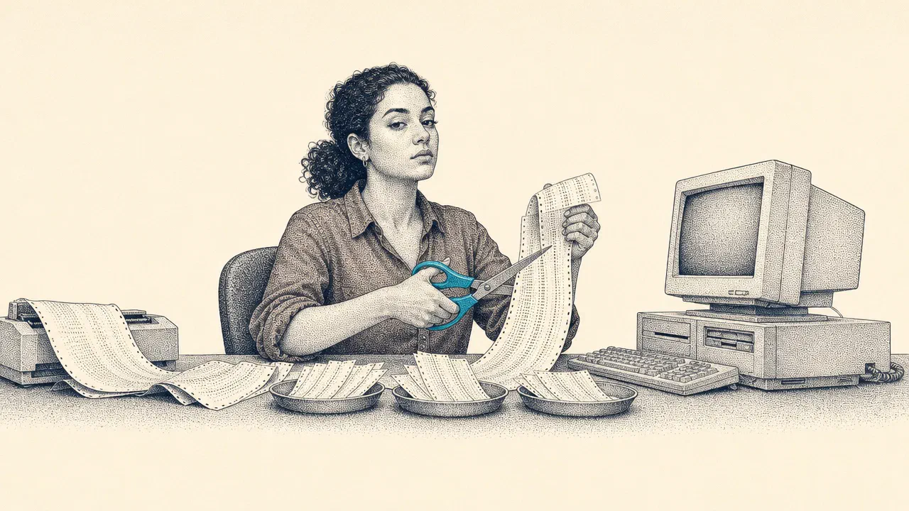 A stipple engraving of a curly-haired young woman calmly cutting columns from a long computer printout with scissors, beside an old beige computer. The scissor handles are cyan.