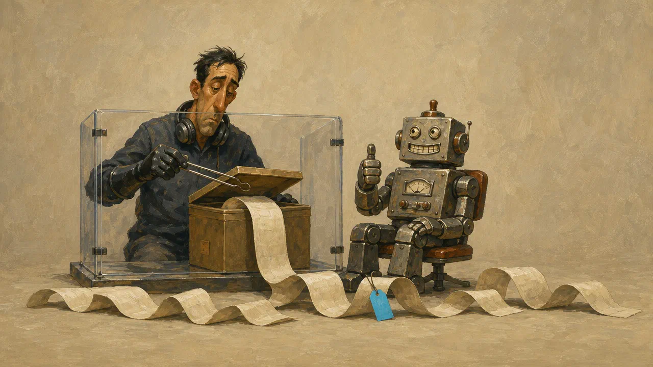 A tired man in rubber gloves and headphones opens a box holding a long paper scroll with tongs from behind a safety screen, while a cheerful tin robot gives a confident thumbs-up. A small tag on the scroll is cyan.