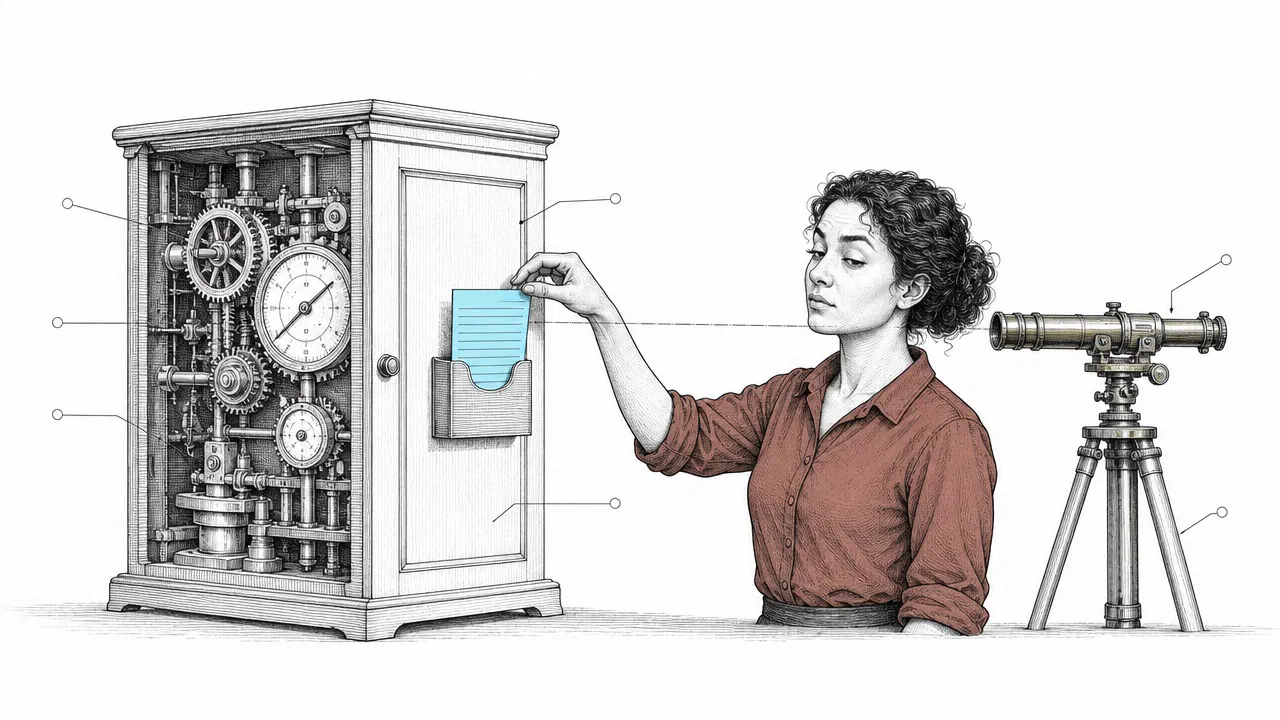 A curly-haired woman with one eyebrow raised slides a cyan ruled card into a holder on the door of a cabinet whose open side shows gears and dials already set, while an inspection telescope on a tripod is aimed at the card, not the mechanism.