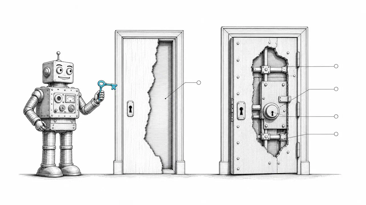 A patent-style drawing of a cheerful tin robot holding a key to the wrong one of two doors, while the correct, more heavily guarded door stands beside it. The key is cyan.